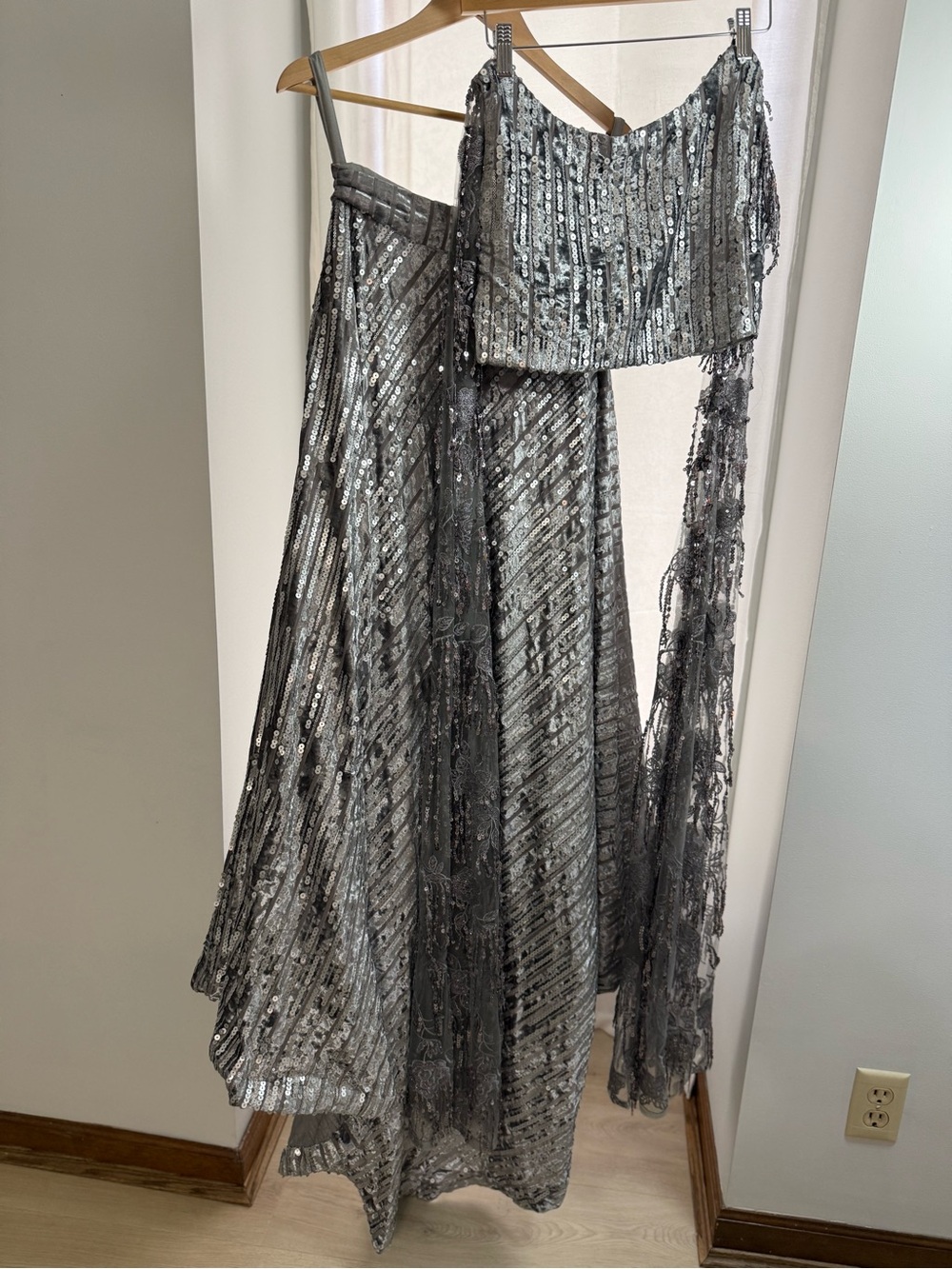 Silver Sequin Two-Piece Women's Evening Dress